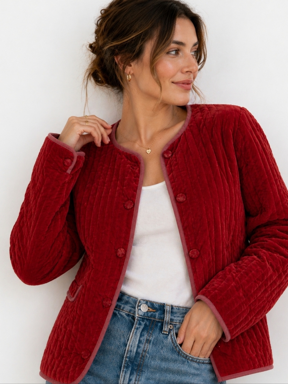 Free People ($320) Quilted Velvet Jacket Red Button Front Boho Cozy XL
